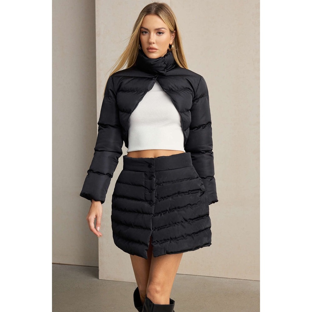 Micas Solid Button Up Puffer Mini Skirt Black size M